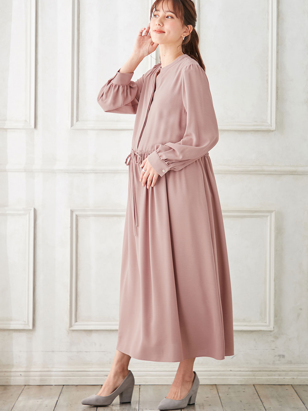 マタニティ ワンピース|ボリュームスリーブドロストギャザーマキシ ワンピース　マタニティ・授乳服【出産後も長く使える】|モーヴ