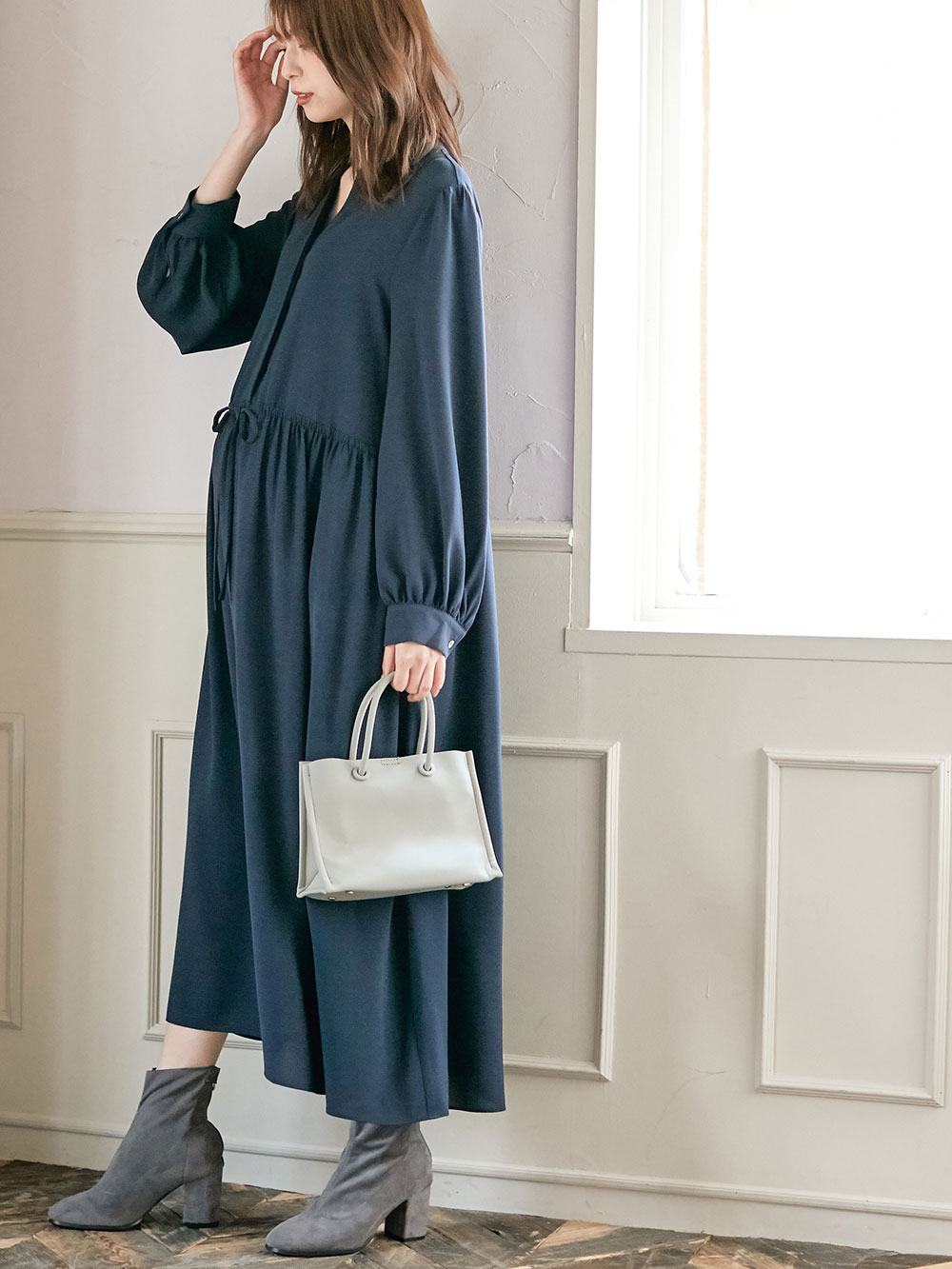 マタニティ ワンピース|ボリュームスリーブドロストギャザーマキシ ワンピース　マタニティ・授乳服【出産後も長く使える】|ネイビー