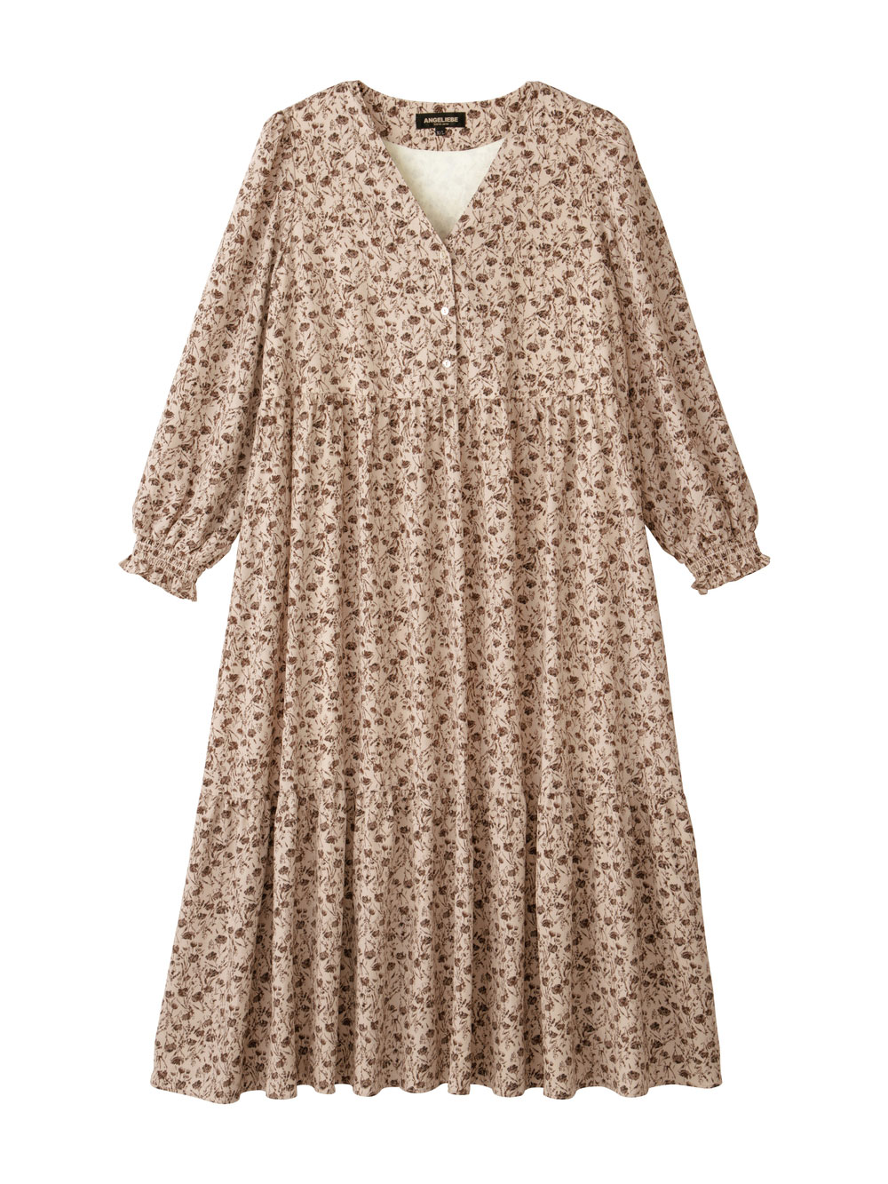 マタニティ ワンピース|ボリュームスリーブ裾ティアード花柄ワンピース　マタニティ・授乳服【出産後も長く使える】|ライトベージュ