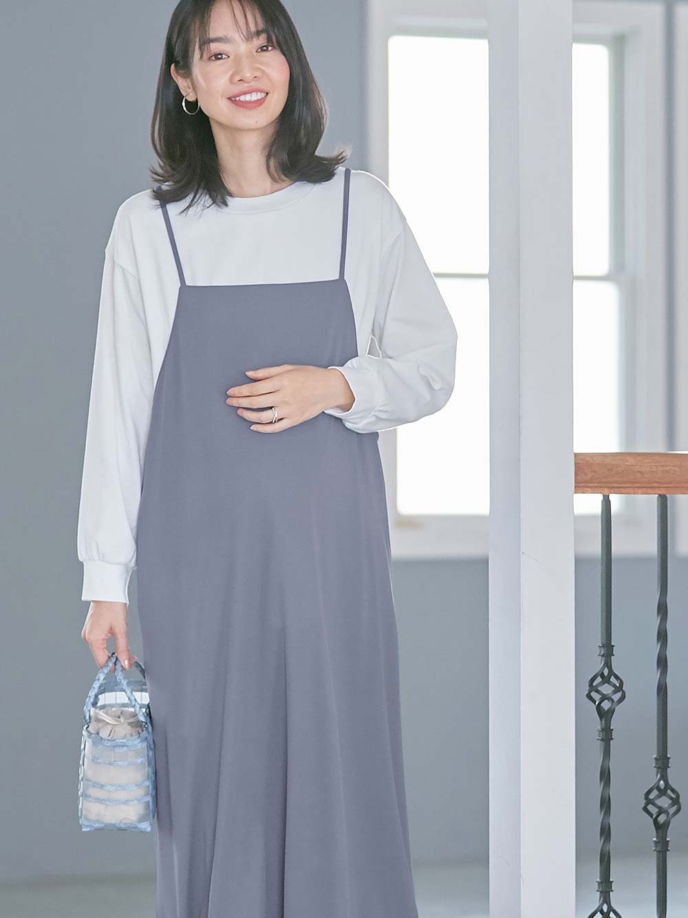 マタニティ ワンピース|【選べる福袋対象】Rosemadame（ローズマダム）　カットソーキャミワンピ&トップスセット　マタニティ・産後授乳服【出産後も長く使える】|ブルー