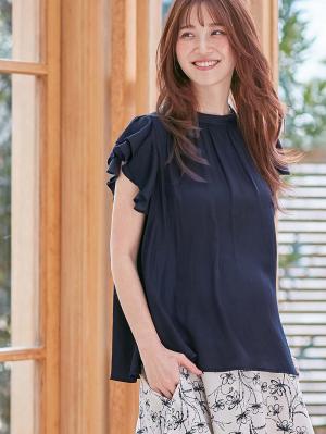 ヴィンテージサテンフレアスリーブブラウス　マタニティ・産後授乳服【出産後も長く使える】