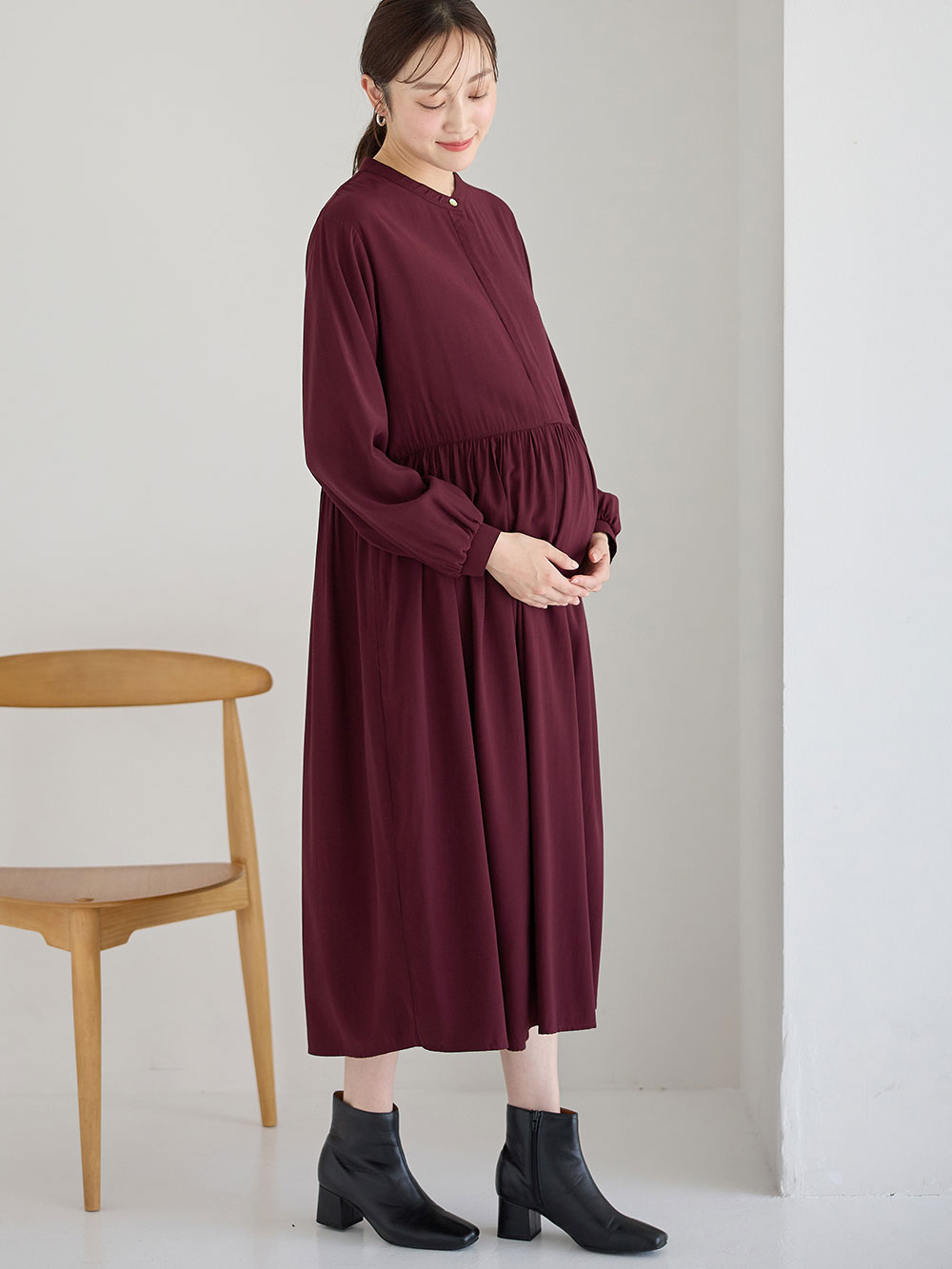 マタニティ ワンピース|ウエスト切替ギャザーワンピース　マタニティ・授乳服【出産後も長く使える】|ボルドー