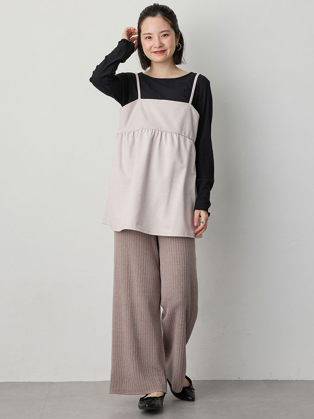 マタニティ トップス|ニットカルゼ×テレコ起毛ペプラムキャミトップス　マタニティ・産後授乳服【出産後も長く使える】Rosemadame（ローズマダム）|ベージュ