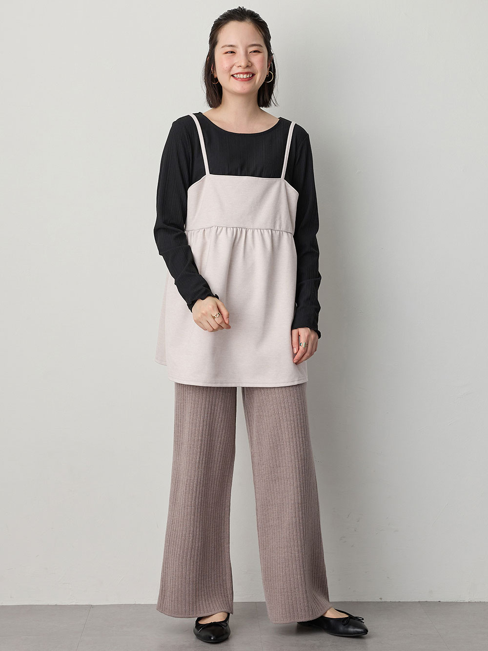 マタニティ トップス|ニットカルゼ×テレコ起毛ペプラムキャミトップス　マタニティ・産後授乳服【出産後も長く使える】Rosemadame（ローズマダム）|ベージュ