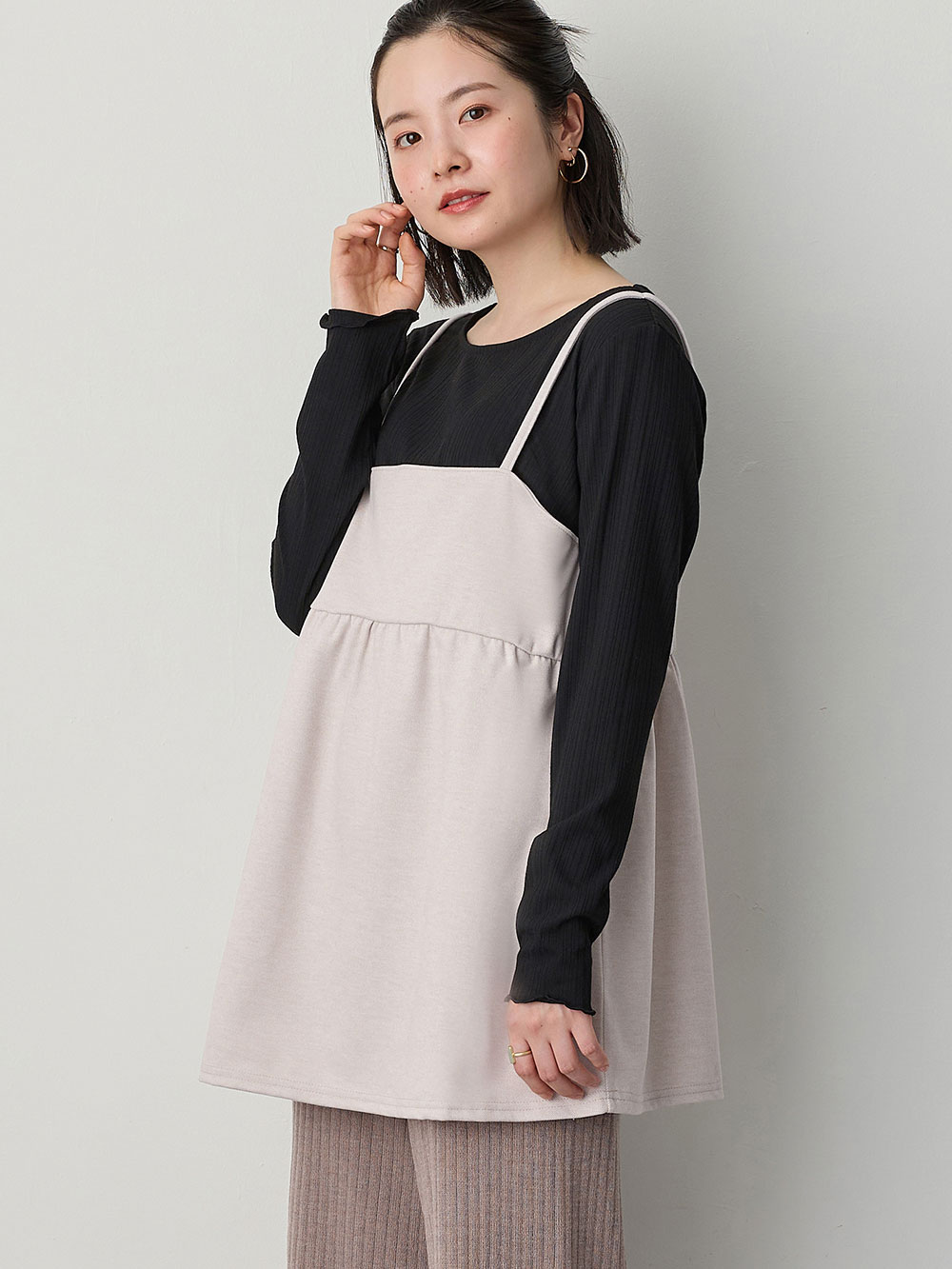 マタニティ トップス|ニットカルゼ×テレコ起毛ペプラムキャミトップス　マタニティ・産後授乳服【出産後も長く使える】Rosemadame（ローズマダム）|ベージュ