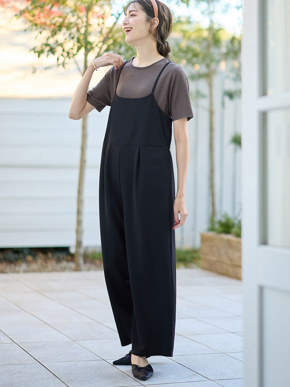 マタニティ パンツ・サロペット|ジョーゼット風カットソーサロペット　マタニティ・産後【出産後も長く使える】Rosemadame（ローズマダム）|ブラック
