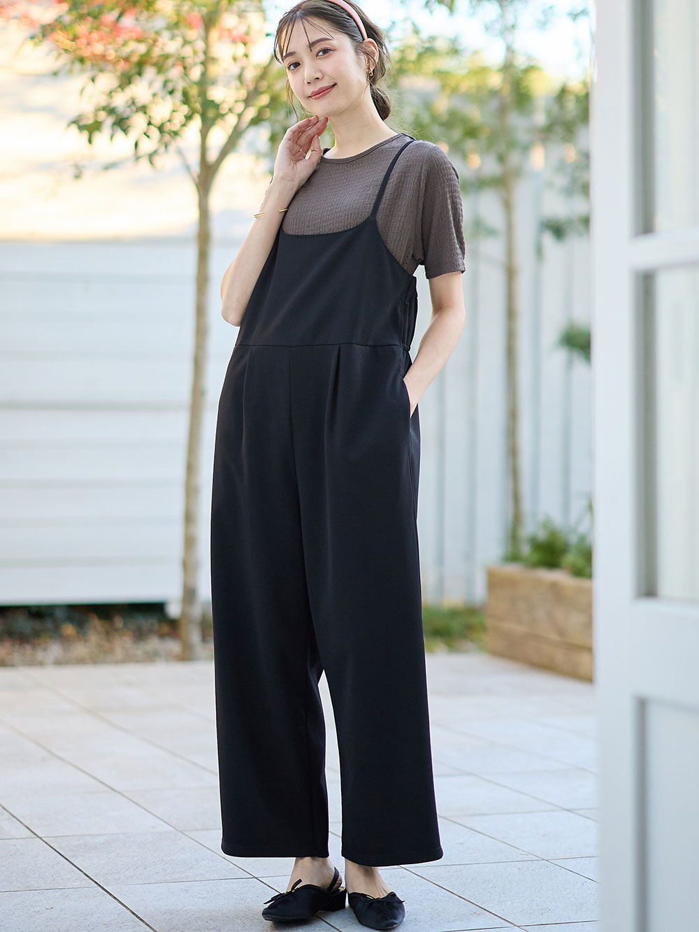 マタニティ パンツ・サロペット|ジョーゼット風カットソーサロペット　マタニティ・産後【出産後も長く使える】Rosemadame（ローズマダム）|ブラック