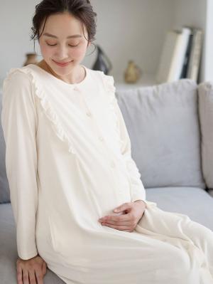 【選べる福袋対象】綿混やわらかスムースラッフルワンピース＆レギンスパジャマ　マタニティ・授乳パジャマ【出産後も長く使える】