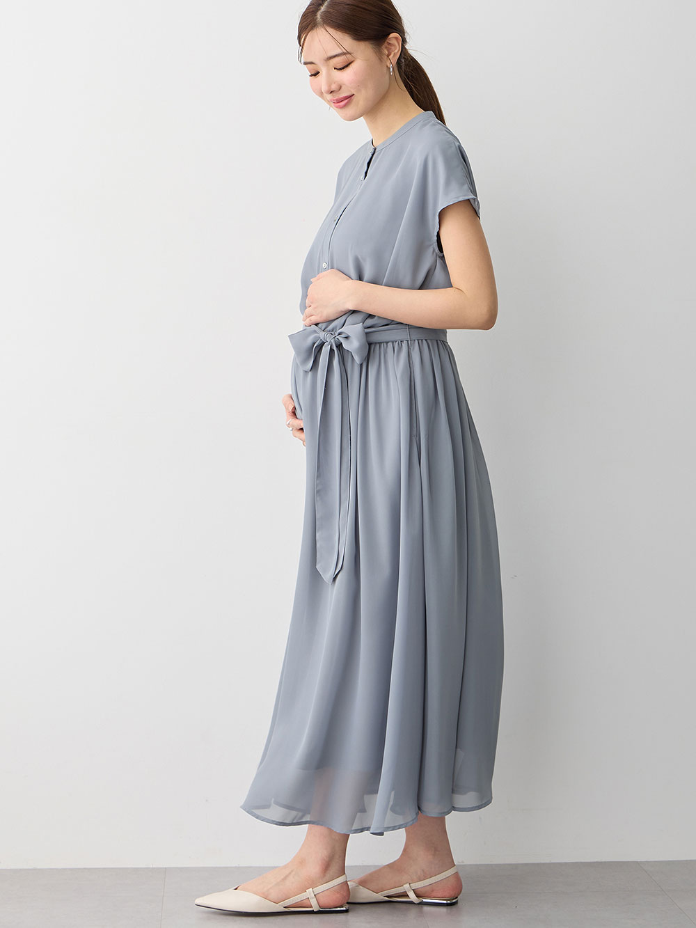 マタニティ ワンピース|シアーロングワンピース　マタニティ・授乳服【出産後も長く使える】|グレイッシュブルー