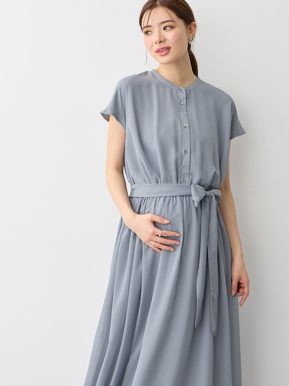 マタニティ ワンピース|シアーロングワンピース　マタニティ・授乳服【出産後も長く使える】|グレイッシュブルー