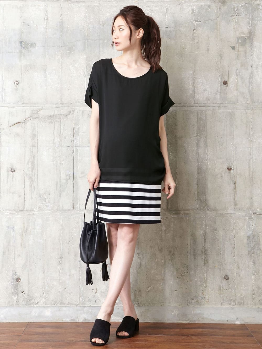 マタニティ ワンピース|【マタニティ・授乳服】シフォン＆カットソーレイヤーワンピース【出産後も長く使える】|ブラック×ホワイト