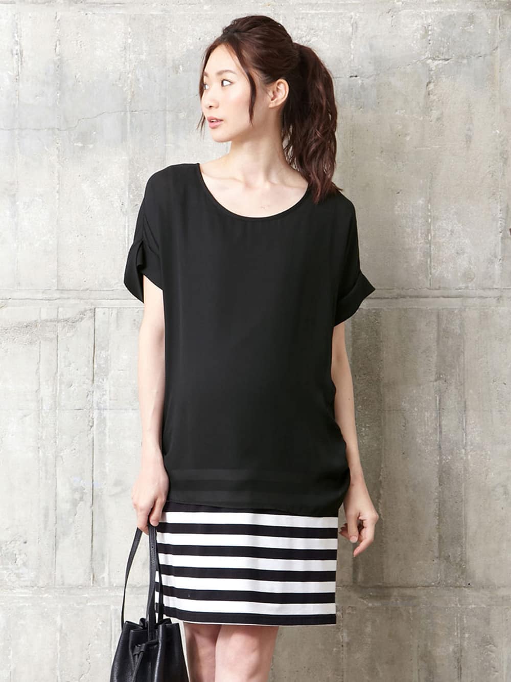 マタニティ ワンピース|【マタニティ・授乳服】シフォン＆カットソーレイヤーワンピース【出産後も長く使える】|ブラック×ホワイト