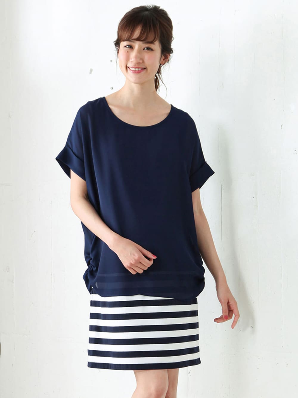 マタニティ ワンピース|【マタニティ・授乳服】シフォン＆カットソーレイヤーワンピース【出産後も長く使える】|ネイビー×ホワイト