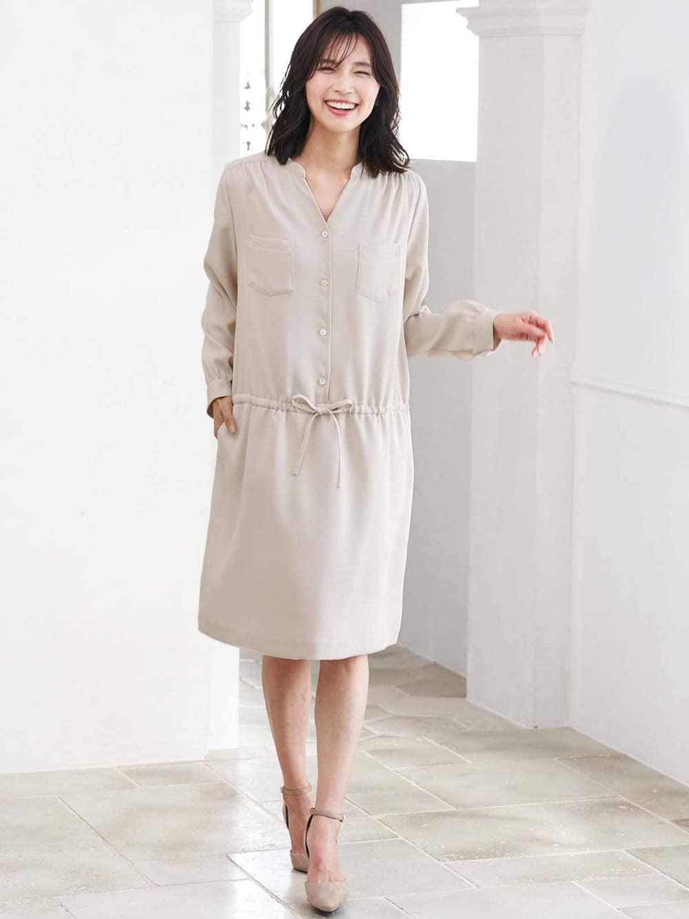 マタニティ ワンピース|ハイクオリティジョーゼットワンピース　マタニティ・授乳服【出産後も長く使える】|ベージュ
