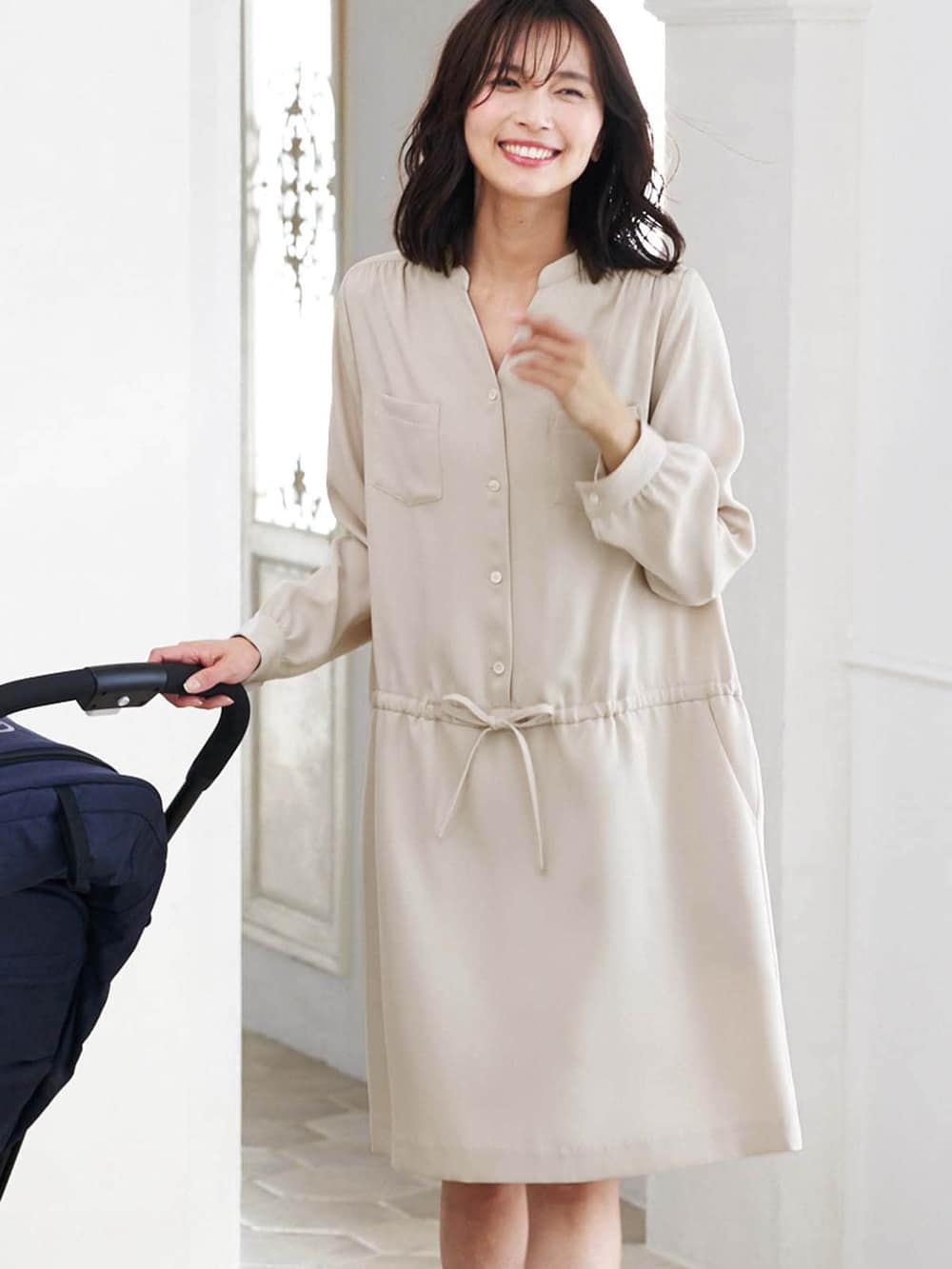 マタニティ ワンピース|ハイクオリティジョーゼットワンピース　マタニティ・授乳服【出産後も長く使える】|ベージュ