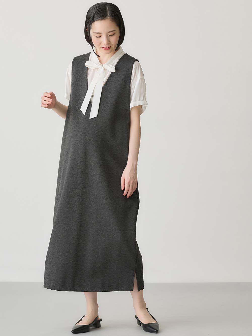 マタニティ ワンピース|ポンチロングジャンパースカート　マタニティ・授乳服【出産後も長く使える】|杢チャコール
