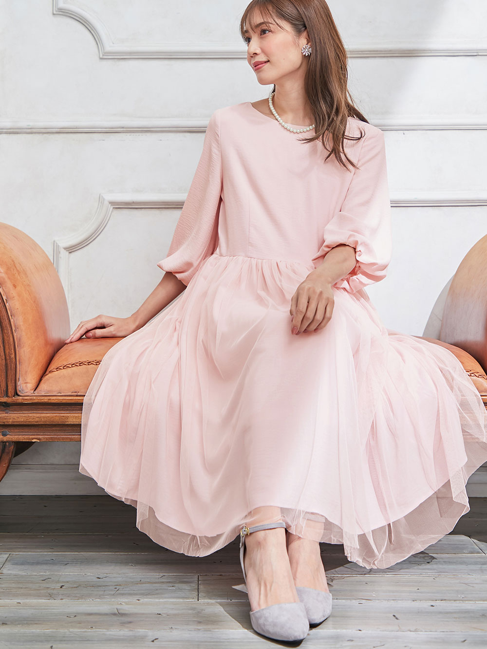 マタニティ ワンピース|【選べる福袋対象】チュールシアースカートワンピース　マタニティ・授乳服【出産後も長く使える】|ピンク×ピンク