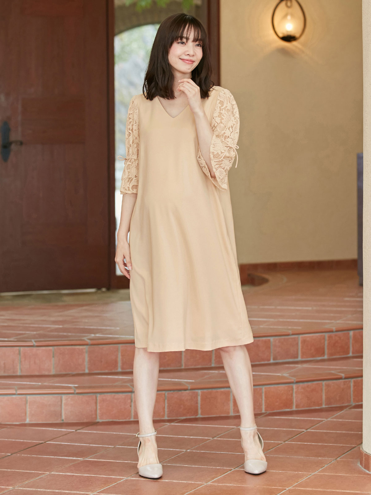マタニティ ワンピース|Vネックレーススリーブワンピース　マタニティ・授乳服|ピンクベージュ