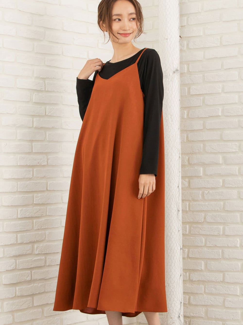マタニティ ワンピース|【セット】キャミワンピース×授乳Tシャツ2点セット　マタニティ・授乳服【出産後も長く使える】|キャメル×ブラック