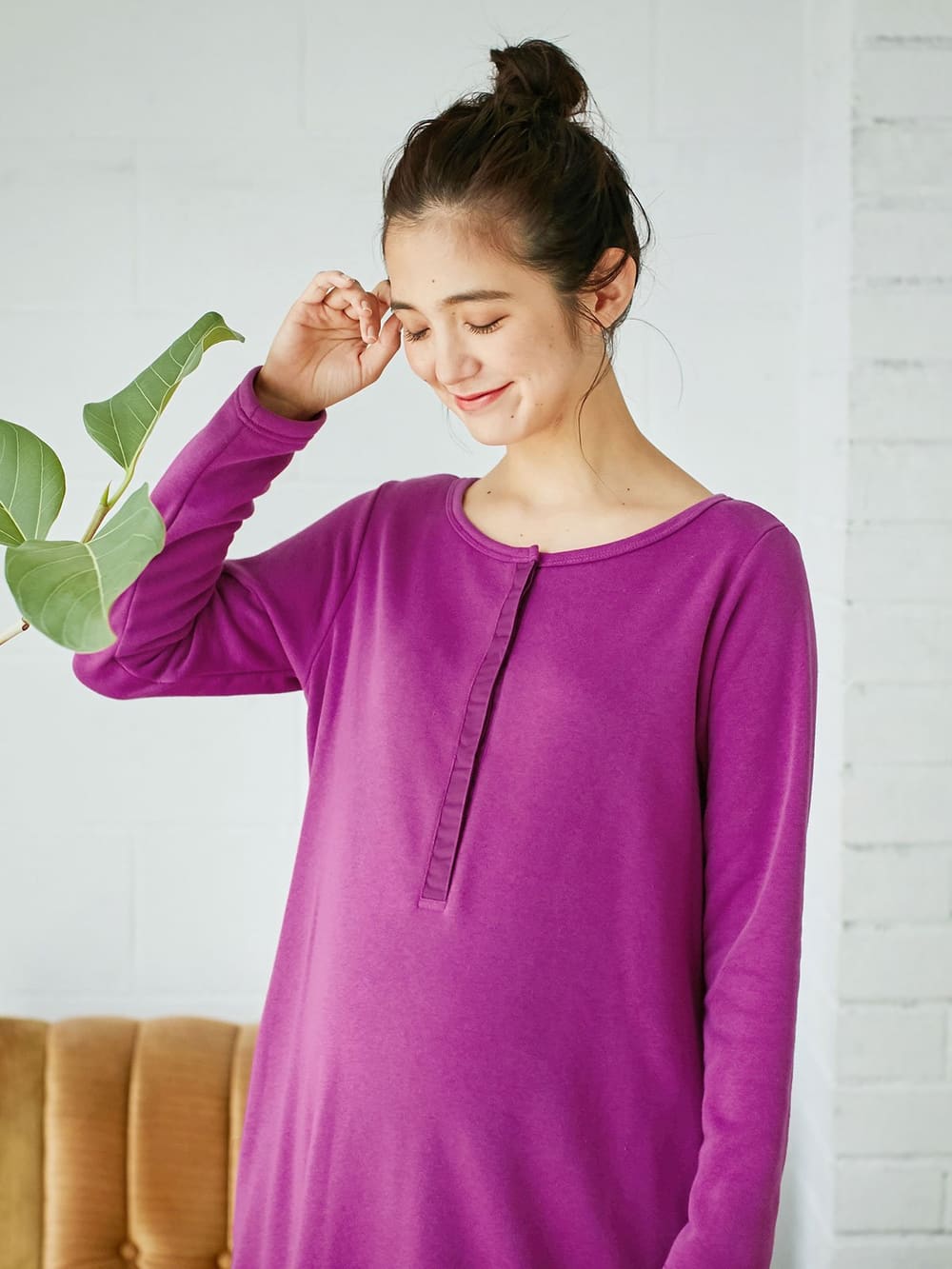 マタニティ パジャマ・ルームウェア|【授乳しやすい】【あったか】ふんわりパイル裏起毛ワンピ×産後も使えるレギンスセットパジャマ|パープル