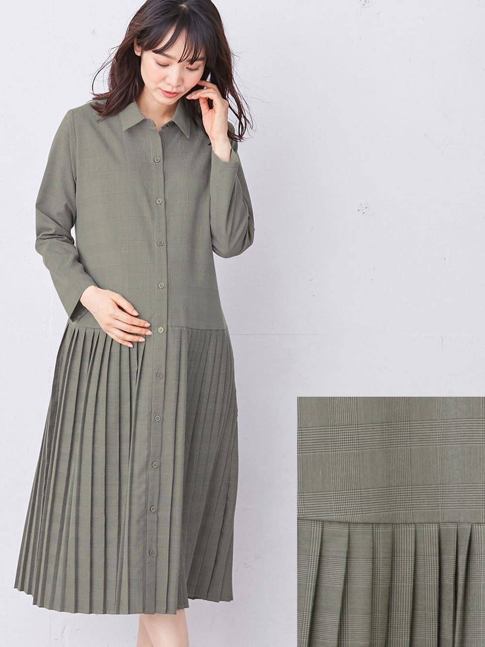 マタニティ ワンピース|グレンチェック裾プリーツシャツワンピース　マタニティ・授乳服【出産後も長く使える】|グレー×ブラック