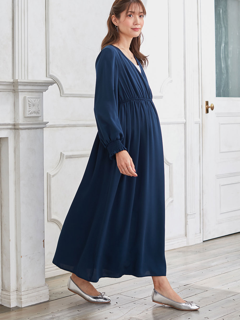 マタニティ ワンピース|カシュクールネックポケット付ロングワンピース　マタニティ・授乳服【出産後も長く使える】|ネイビー