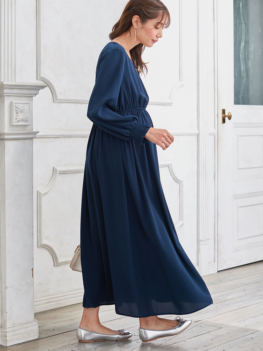 マタニティ ワンピース|カシュクールネックポケット付ロングワンピース　マタニティ・授乳服【出産後も長く使える】|ネイビー