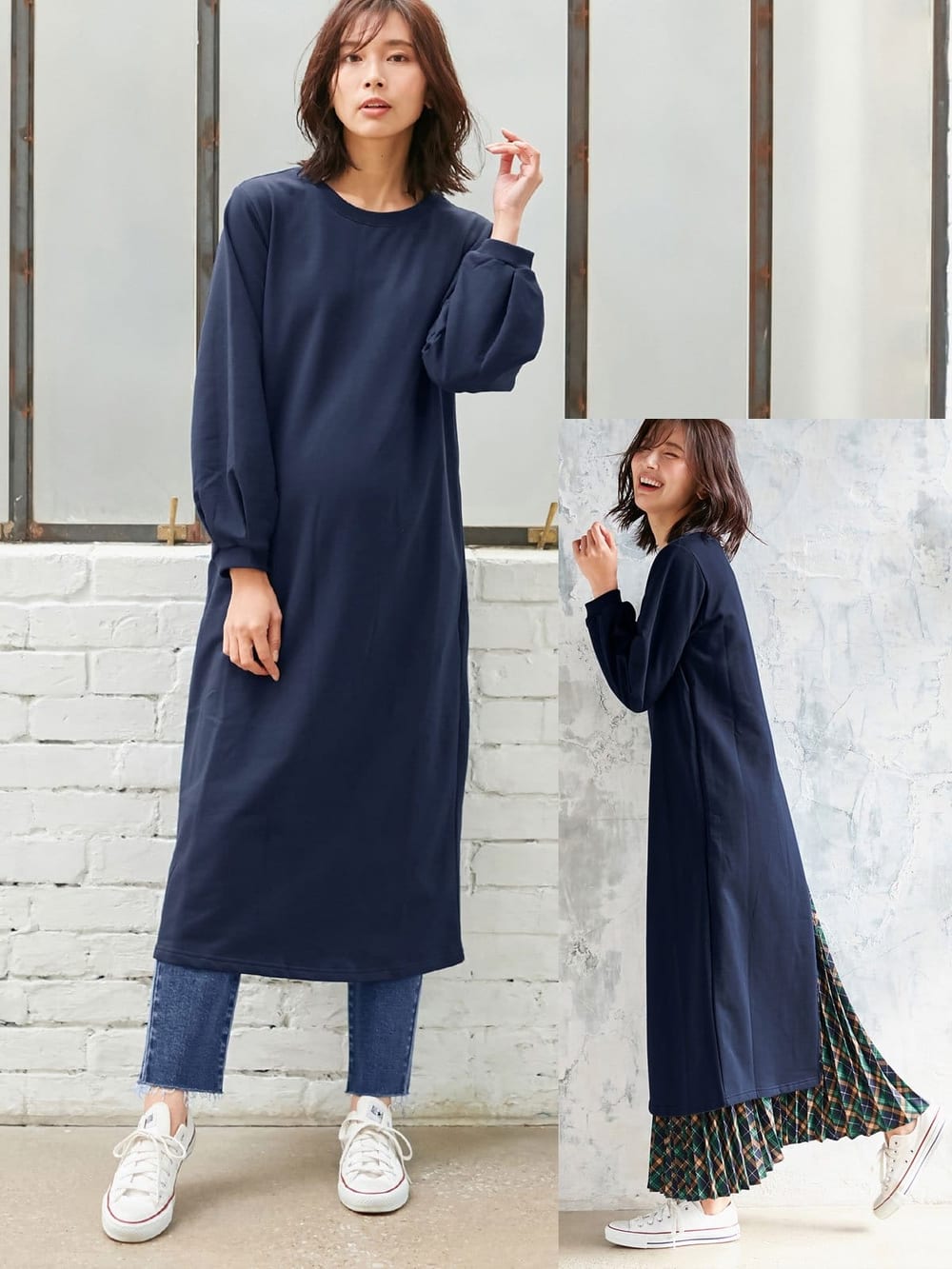 マタニティ ワンピース|【マタニティ・授乳服】裏起毛バックスリットスウェットワンピ|ネイビー