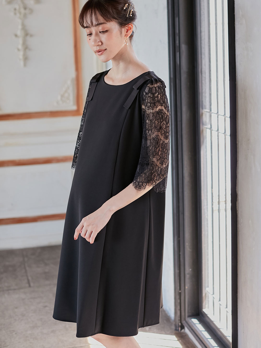 マタニティ ワンピース|LOVE MIC（ラブミック）レーススリーブストレッチジョーゼットワンピース　マタニティ・授乳服【出産後も長く使える】|ブラック