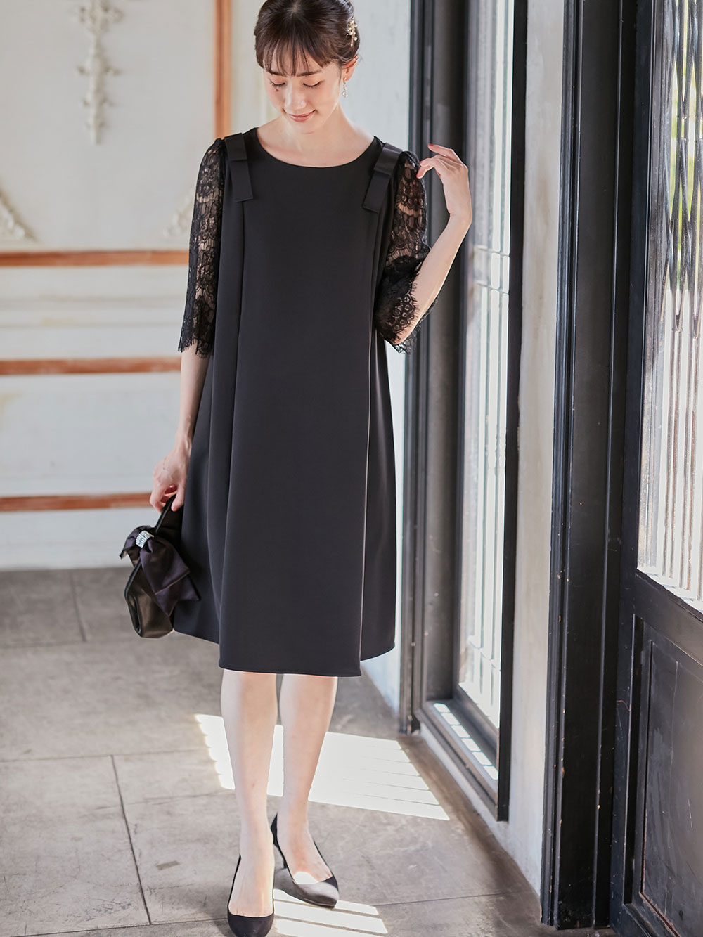 マタニティ ワンピース|LOVE MIC（ラブミック）レーススリーブストレッチジョーゼットワンピース　マタニティ・授乳服【出産後も長く使える】|ブラック