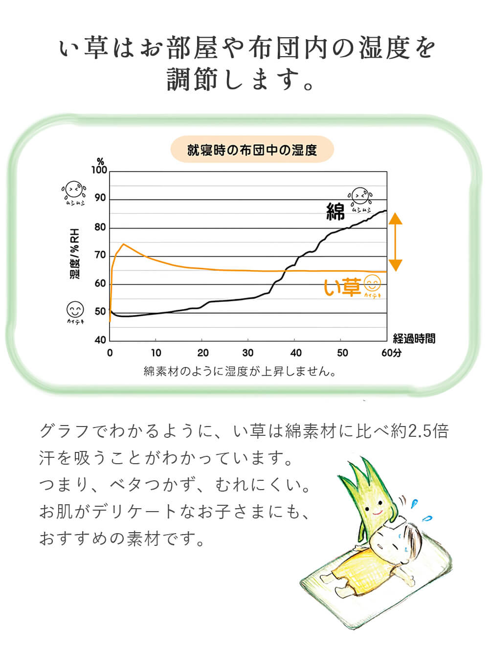 い草はお部屋や布団内の湿度を調節します