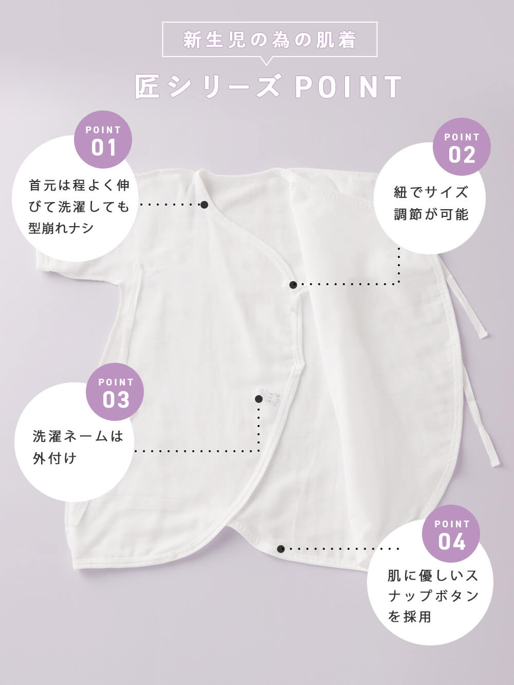 新生児の為の肌着 匠シリーズPOINT