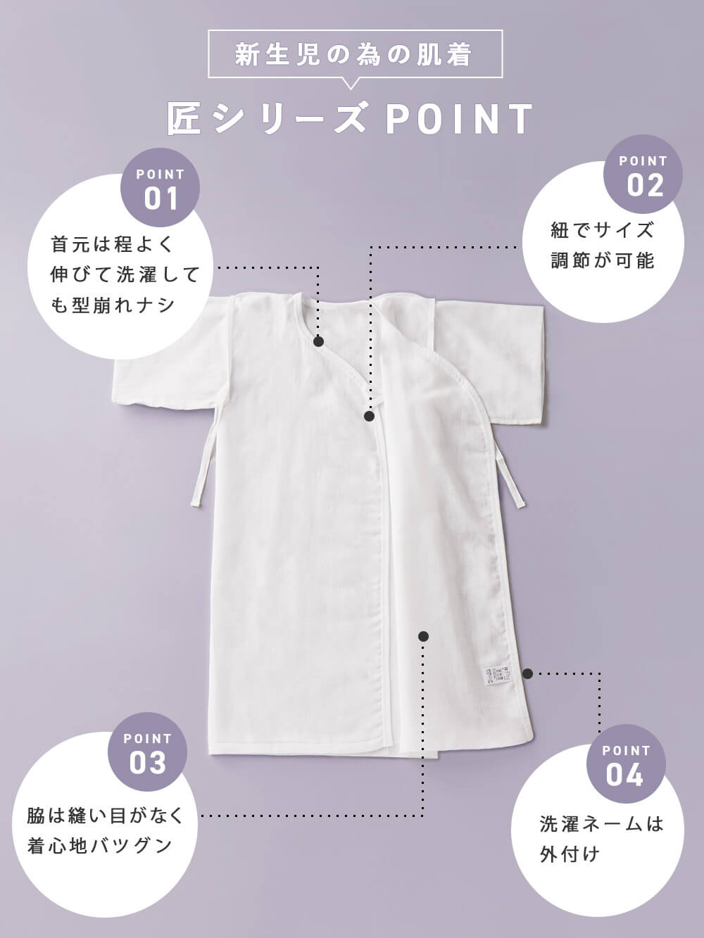 新生児の為の肌着 匠シリーズPOINT